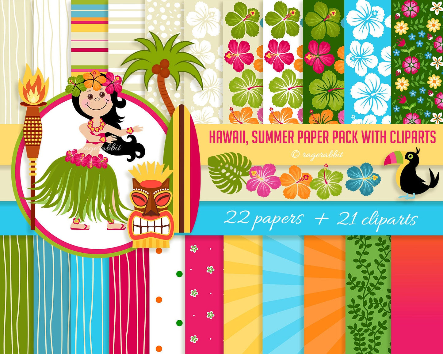 BIG PACK Hawaiian, Sumer, Digital Paper With Cliparts, Tiki, Hawaiian Girl, Surf, Torch, Hibiscus, Flowers, Party, Illustrations