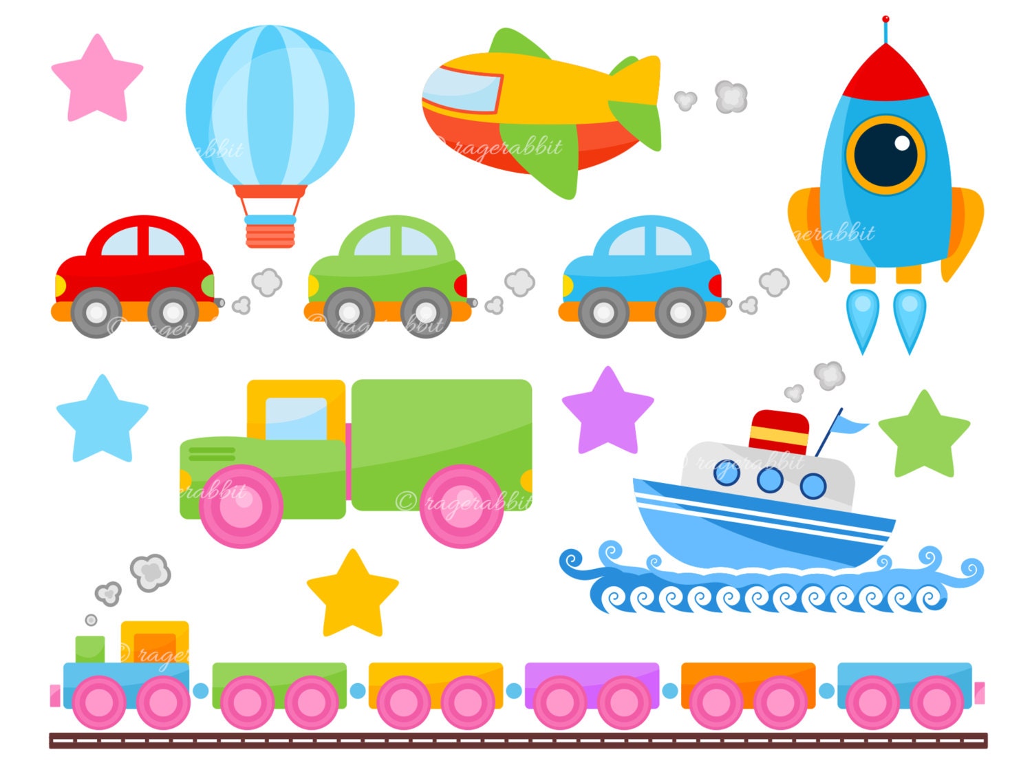 Cute Transportations Vector Illustrations, Set, Clip Art, Commercial Use, Personal Use, Baby Shower Decorations