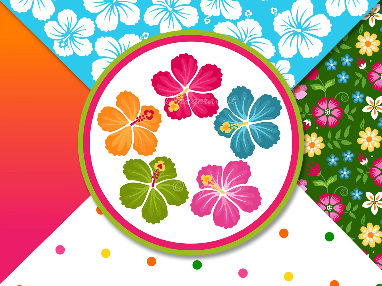 BIG PACK Hawaiian, Sumer, Digital Paper With Cliparts, Tiki, Hawaiian Girl, Surf, Torch, Hibiscus, Flowers, Party, Illustrations