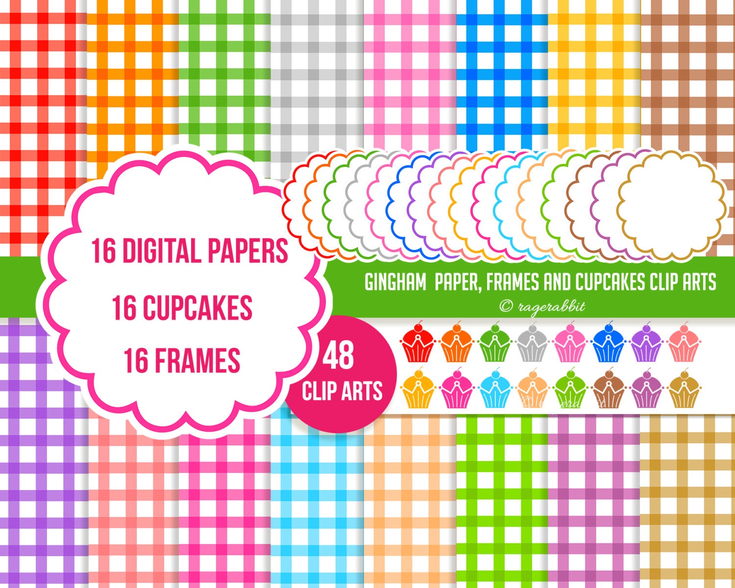 Big Pack Scallop Bakery Clip Art Set, Digital Illustrations, Frames, Cupcakes, Digital Papers, Kitchen, Gingham, Royal Cupcakes, Palette