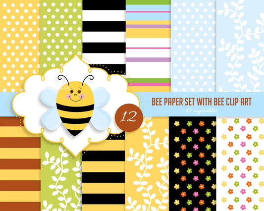 BUY 10 GET 5 FREE, Coupon Code - 5FREE Bee Digital Paper with Bee Clip Art and Frame Clip Art, Commercial Use, Personal Use