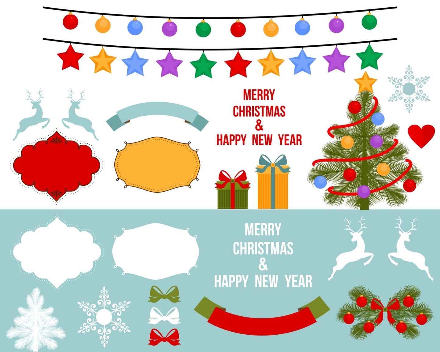 Christmas Vector Illustration Set, Happy New Year, Banner, Retro, Vintage, Card, Creator, Gifts, Decorations, Emblems, Christmas Tree,
