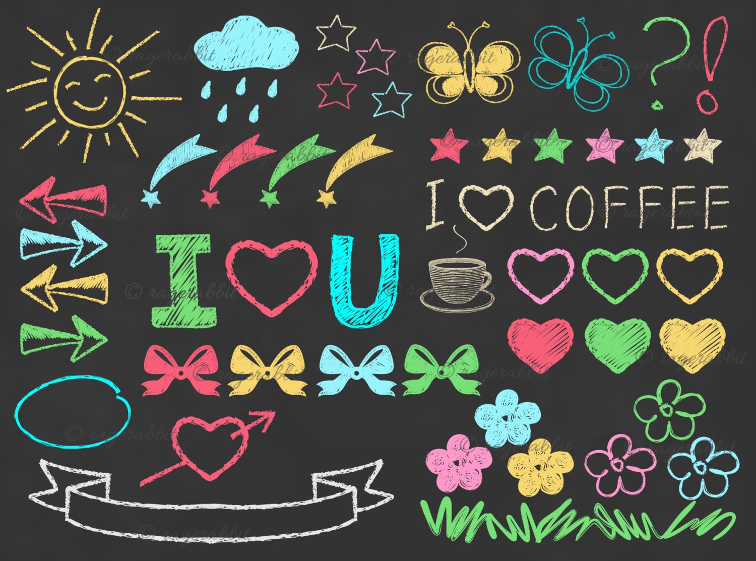 Chalkboard Elements, Vector, Illustrations, Set, Collection, Sun, Cloud, Ribbons, Hearts, Arrows, Coffee, Handdrawn, Commercial Use