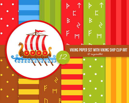 BUY 10 GET 5 FREE, Coupon Code - 5FREE Viking Digital Paper and Viking Ship Clip Art, Viking Runes, Polka Dots, Stripes, Set
