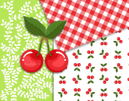 Cherry Gingham Digital Paper Set and Cherry Friut Clip Art Backgrounds Polka Dots Pattern Spring Commercial Use