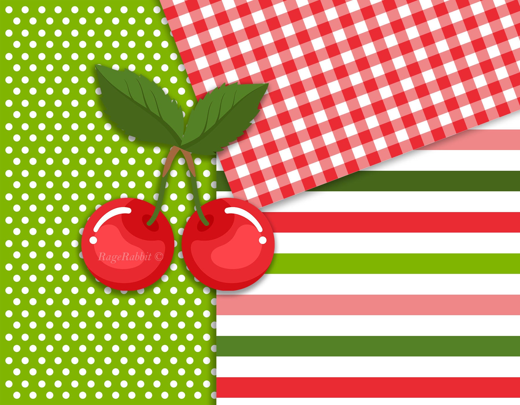 Cherry Gingham Digital Paper Set and Cherry Friut Clip Art Backgrounds Polka Dots Pattern Spring Commercial Use