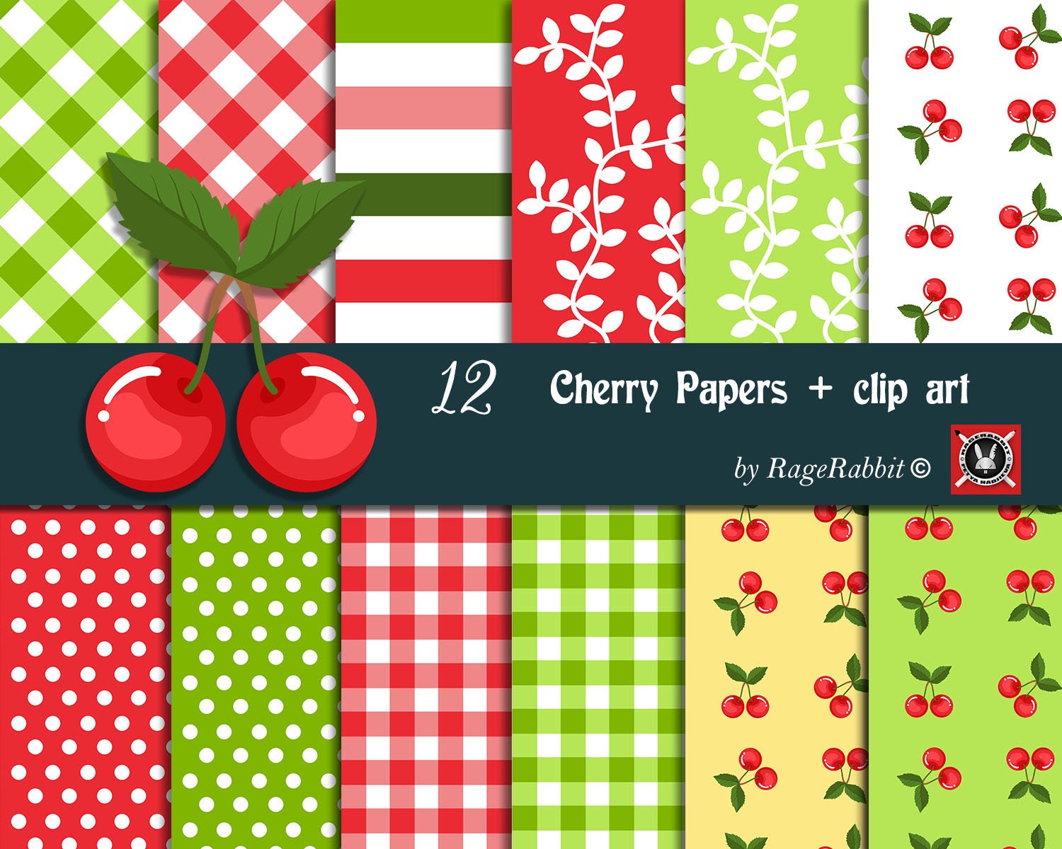 Cherry Gingham Digital Paper Set and Cherry Friut Clip Art Backgrounds Polka Dots Pattern Spring Commercial Use