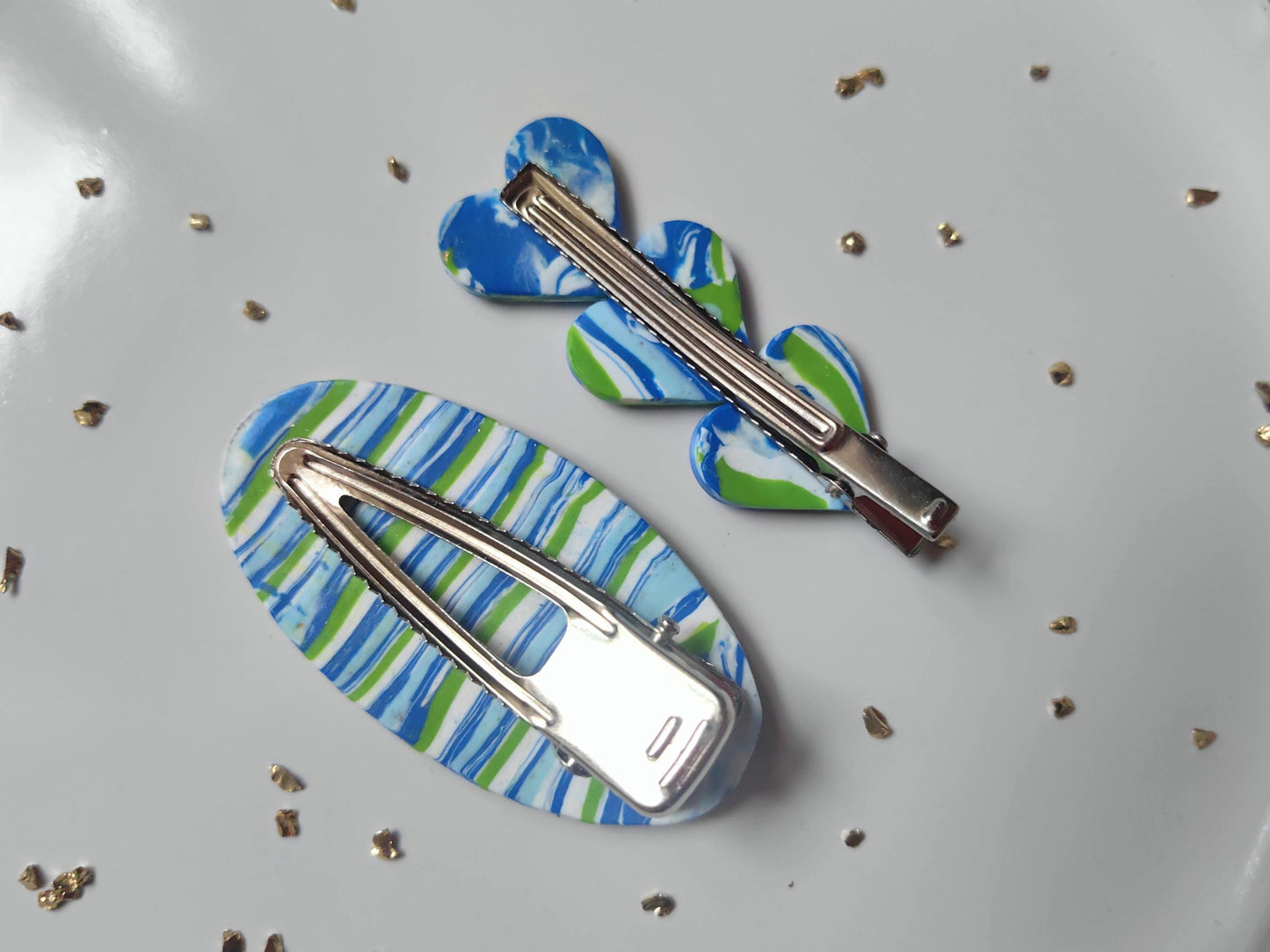 Blue, green, white wave pattern polymer clay, handmade, hair clips set.