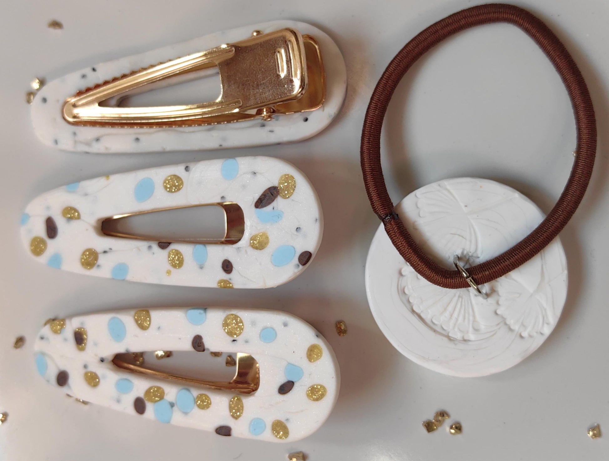 White Blue Gold 3 Hair Clips and Hair Elastic Set with Unique Pattern Handmade Hair Accessories Set