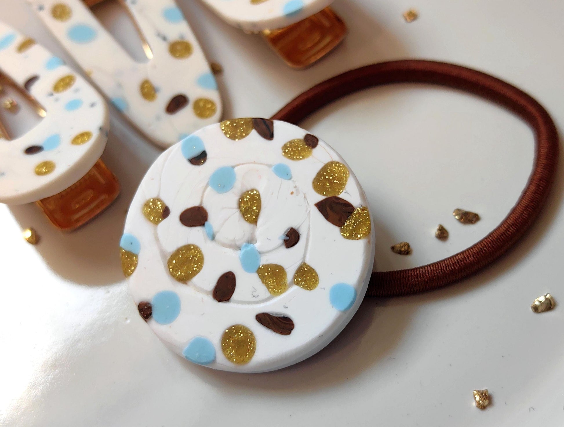 White Blue Gold 3 Hair Clips and Hair Elastic Set with Unique Pattern Handmade Hair Accessories Set