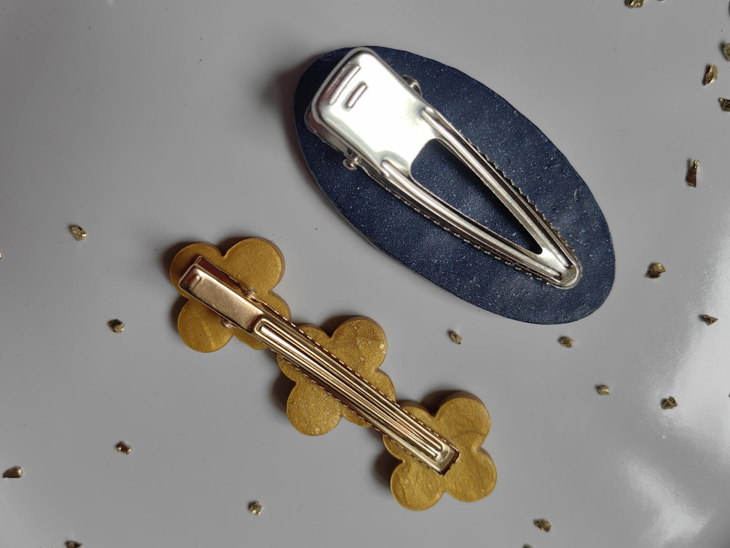 Dark Blue and Gold Colored Polymer Clay Hair Clips Set Handmade Limited Edition