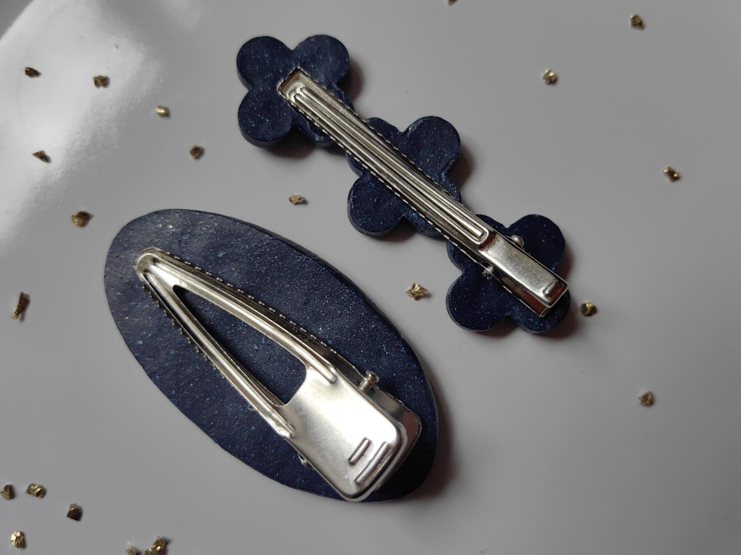 Dark Blue with Sparkle Polymer Clay Hair Clips Set Handmade