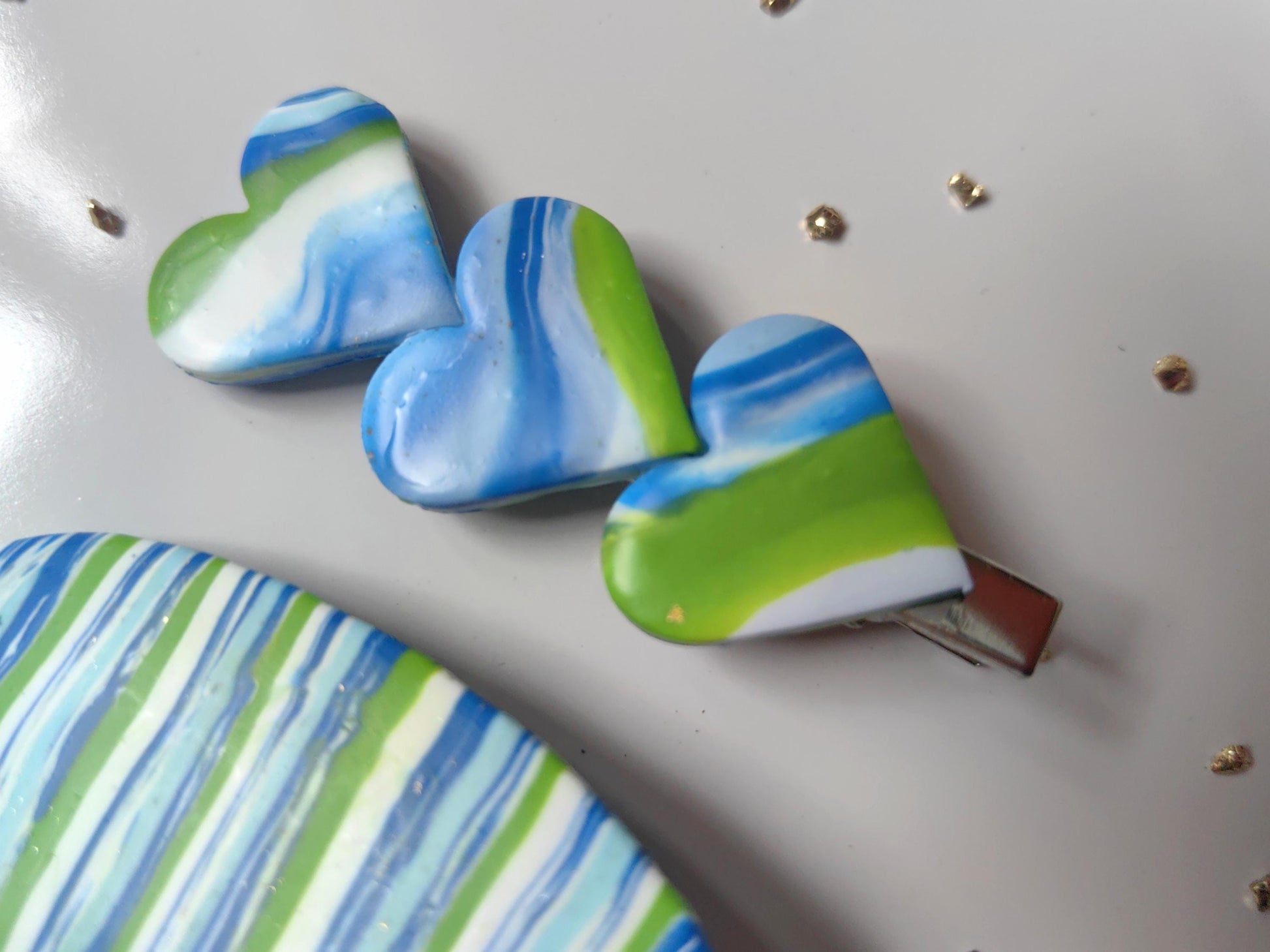 Blue, green, white wave pattern polymer clay, handmade, hair clips set.