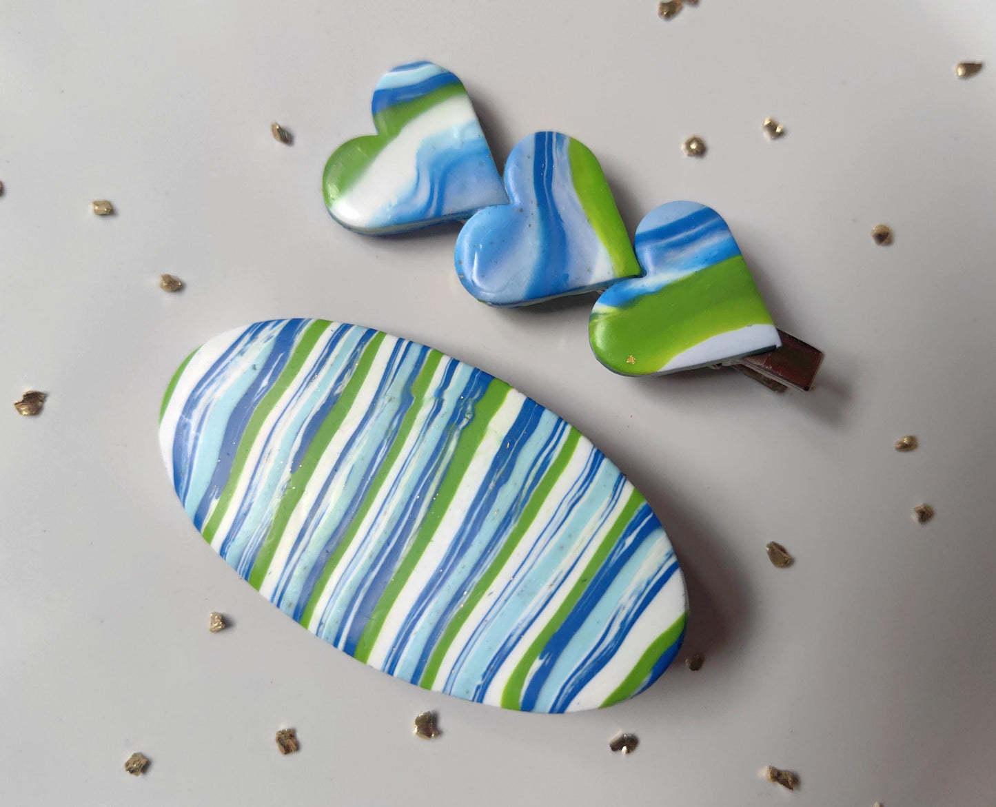 Blue, green, white wave pattern polymer clay, handmade, hair clips set.