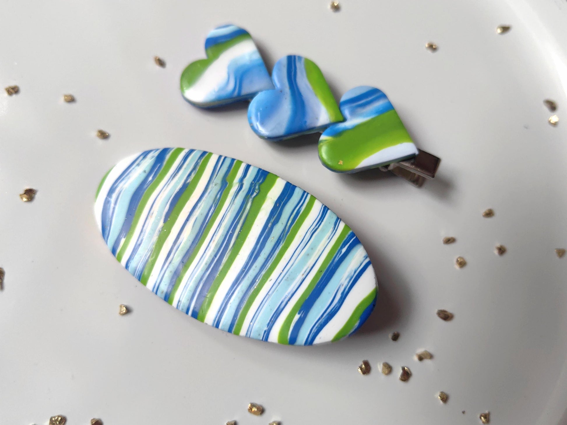 Blue, green, white wave pattern polymer clay, handmade, hair clips set.