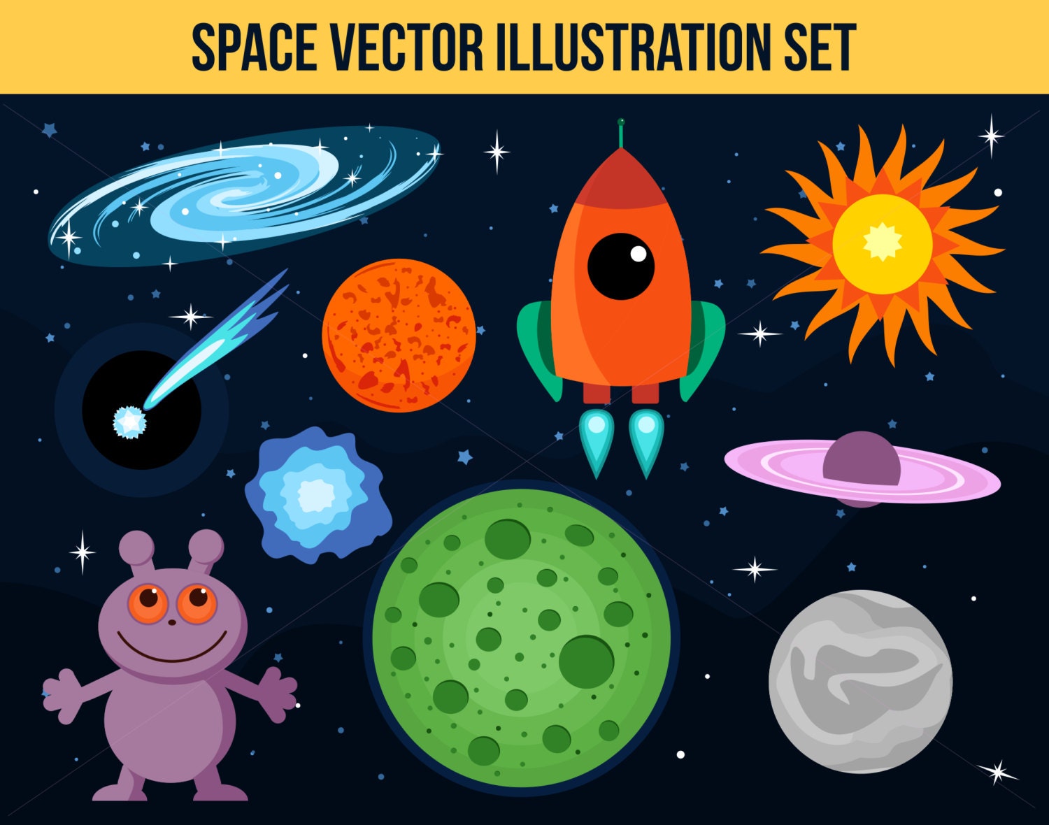 BUY 10 GET 5 FREE, Coupon Code - 5FREE Space Vector Illustration, Digital Illustration, Space Icon Set