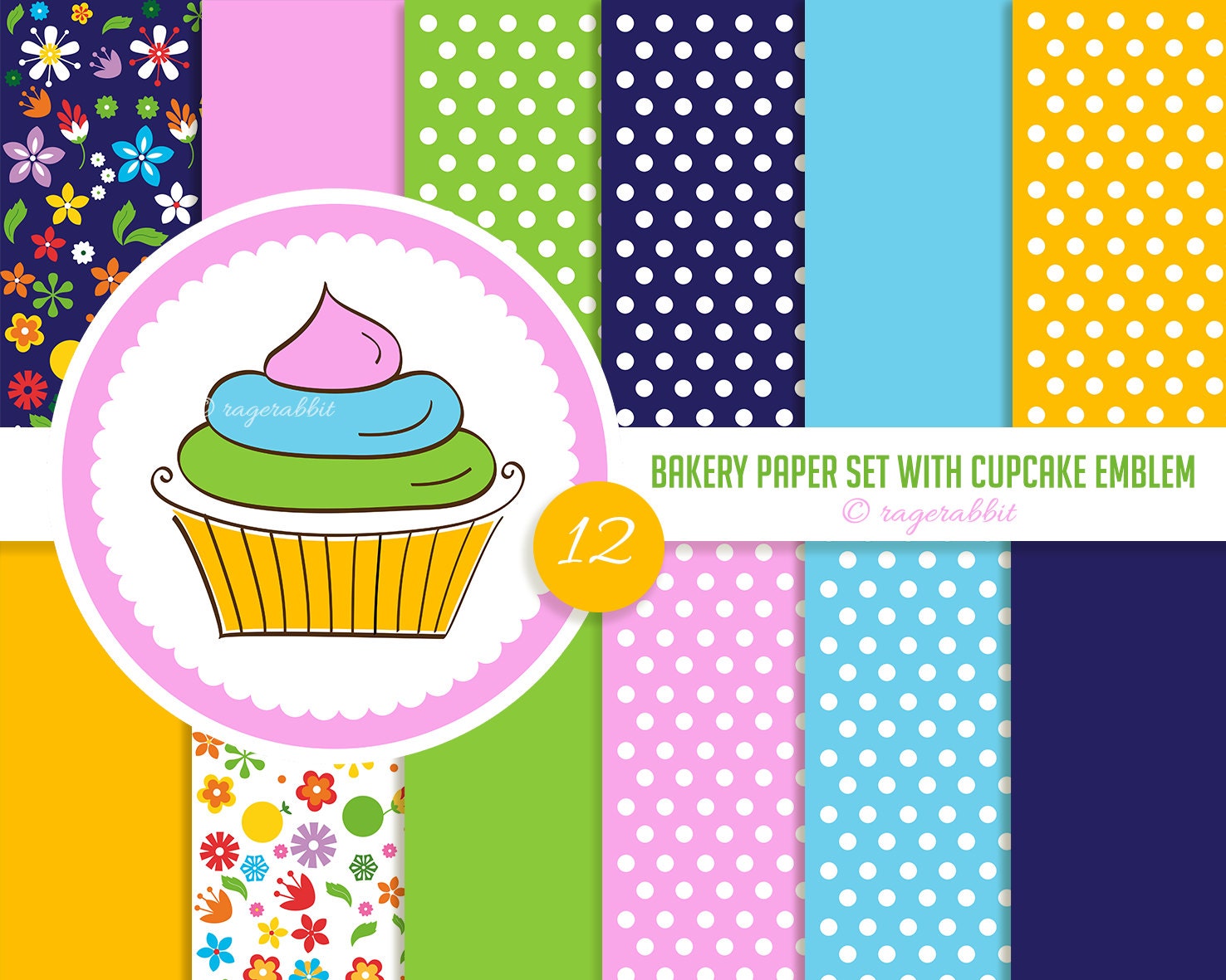 BUY 10 GET 5 FREE, Coupon Code - 5FREE 12 Bakery Paper Set, Polka Dots, Cupcake Clipart, Digital Paper, Backgroungs