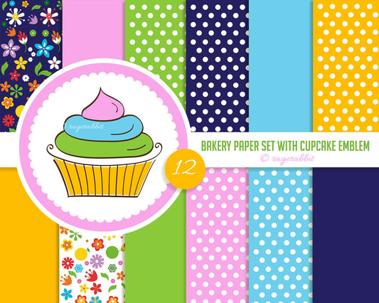 BUY 10 GET 5 FREE, Coupon Code - 5FREE 12 Bakery Paper Set, Polka Dots, Cupcake Clipart, Digital Paper, Backgroungs