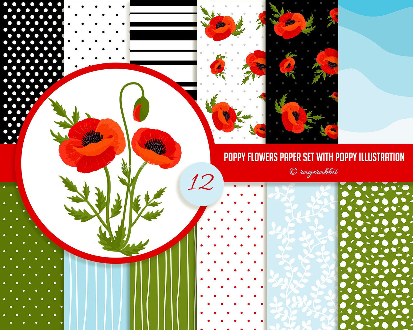 BUY 10 GET 5 FREE, Coupon Code - 5FREE Poppy Flowers Digital Paper, Poppy Flowers Clipart Illustration, Spring Backgrounds