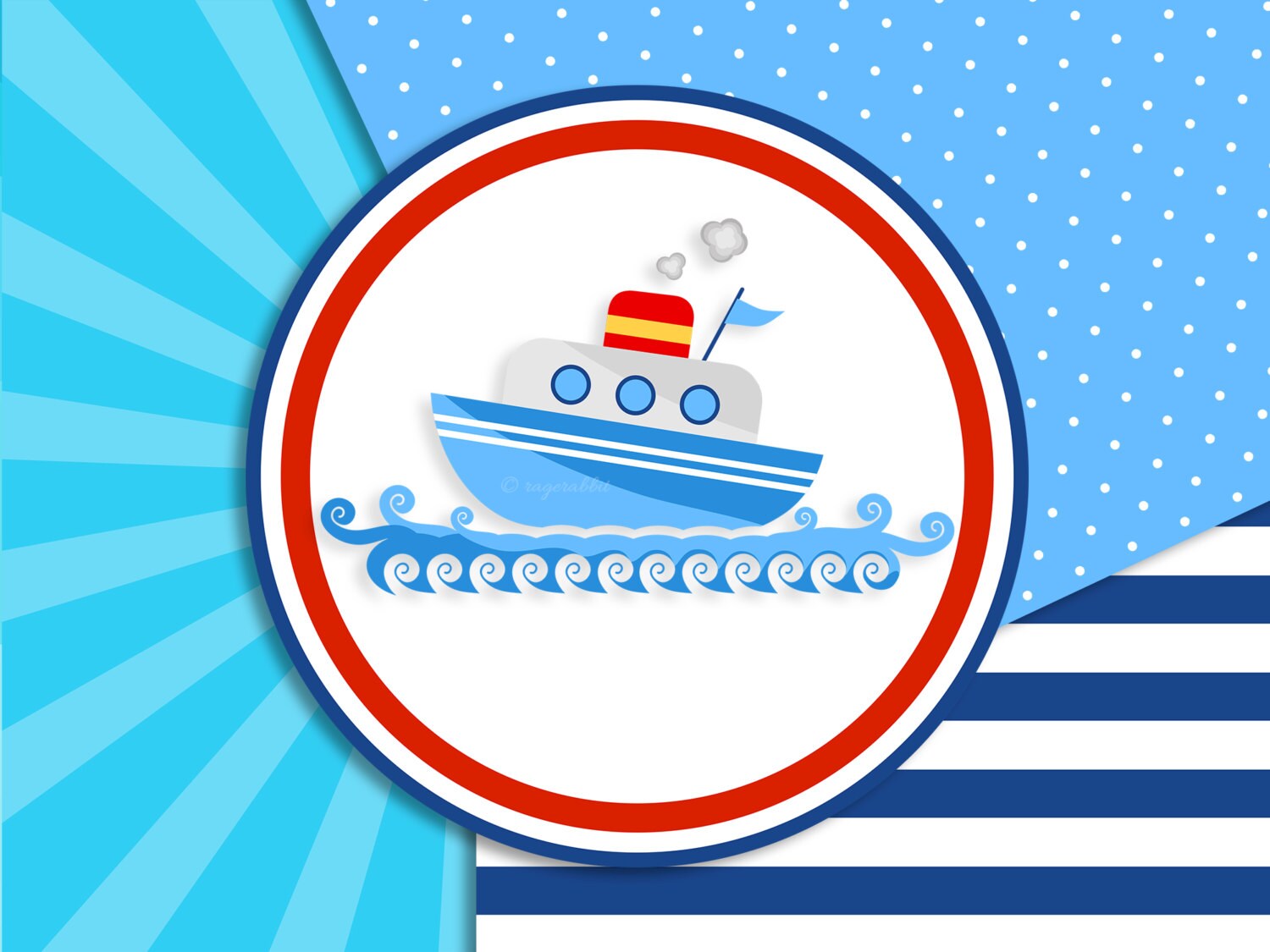Cartoon Ship with Marine Digital Paper Set, Baby. Babyshower, Scrapbook, Clip Art, Illustration, Backgrounds, Stripes, Polka Dots, Sun