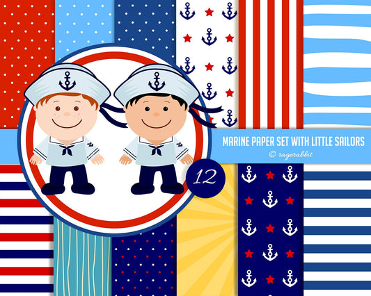 BUY 10 GET 5 FREE, Coupon Code - 5FREE Marine Digital Paper Set With Little Sailors, Marine Boys, Clip Art, Illustration