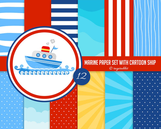 Cartoon Ship with Marine Digital Paper Set, Baby. Babyshower, Scrapbook, Clip Art, Illustration, Backgrounds, Stripes, Polka Dots, Sun