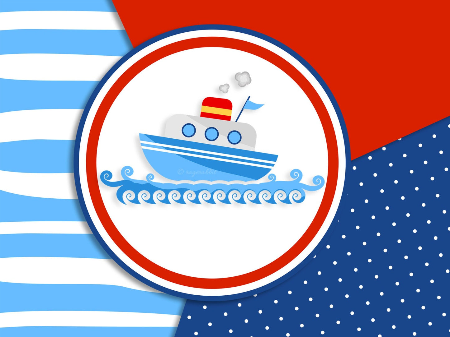 Cartoon Ship with Marine Digital Paper Set, Baby. Babyshower, Scrapbook, Clip Art, Illustration, Backgrounds, Stripes, Polka Dots, Sun