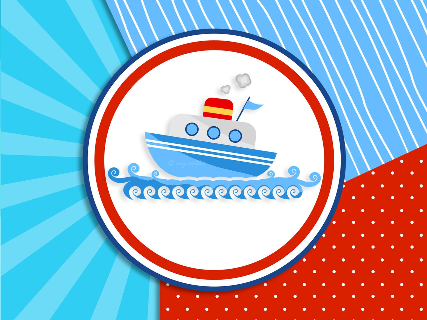 Cartoon Ship with Marine Digital Paper Set, Baby. Babyshower, Scrapbook, Clip Art, Illustration, Backgrounds, Stripes, Polka Dots, Sun