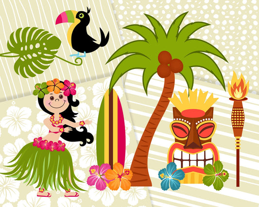 BIG PACK Hawaiian, Sumer, Digital Paper With Cliparts, Tiki, Hawaiian Girl, Surf, Torch, Hibiscus, Flowers, Party, Illustrations