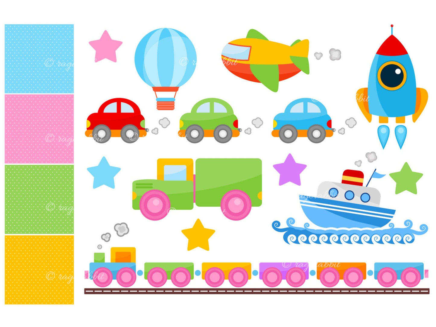 Cute Transportations Vector Illustrations, Set, Clip Art, Commercial Use, Personal Use, Baby Shower Decorations