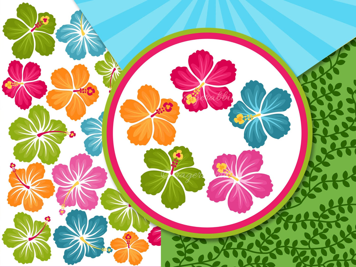 Summer Digital Paper Set With Hibiscus Flowers Clip Arts, Backgrounds, Hawaii, Party Decorations, Banner, Luau, illustrations