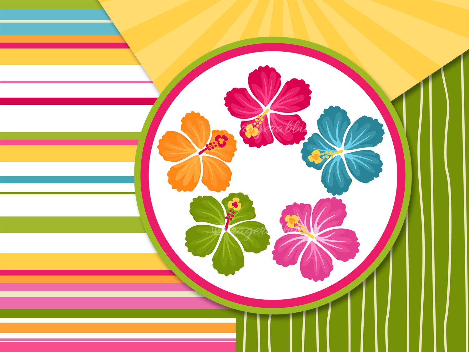 BIG PACK Hawaiian, Sumer, Digital Paper With Cliparts, Tiki, Hawaiian Girl, Surf, Torch, Hibiscus, Flowers, Party, Illustrations