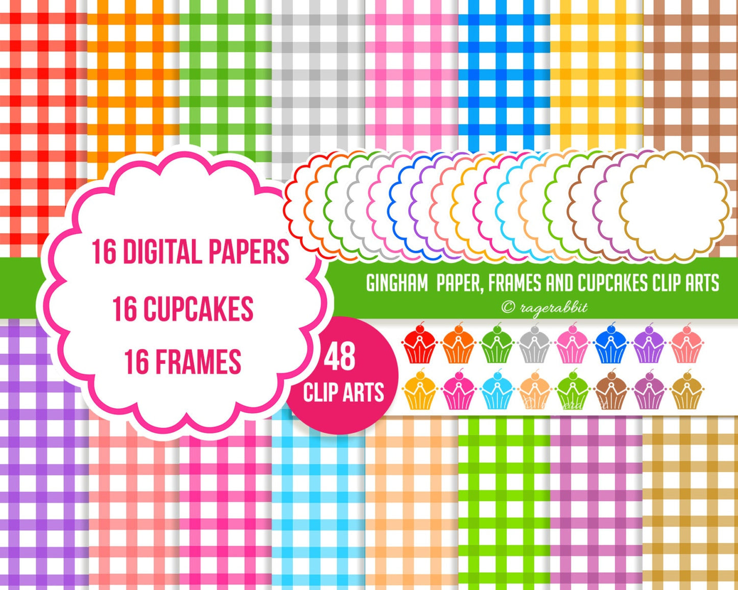 Big Pack Scallop Bakery Clip Art Set, Digital Illustrations, Frames, Cupcakes, Digital Papers, Kitchen, Gingham, Royal Cupcakes, Palette