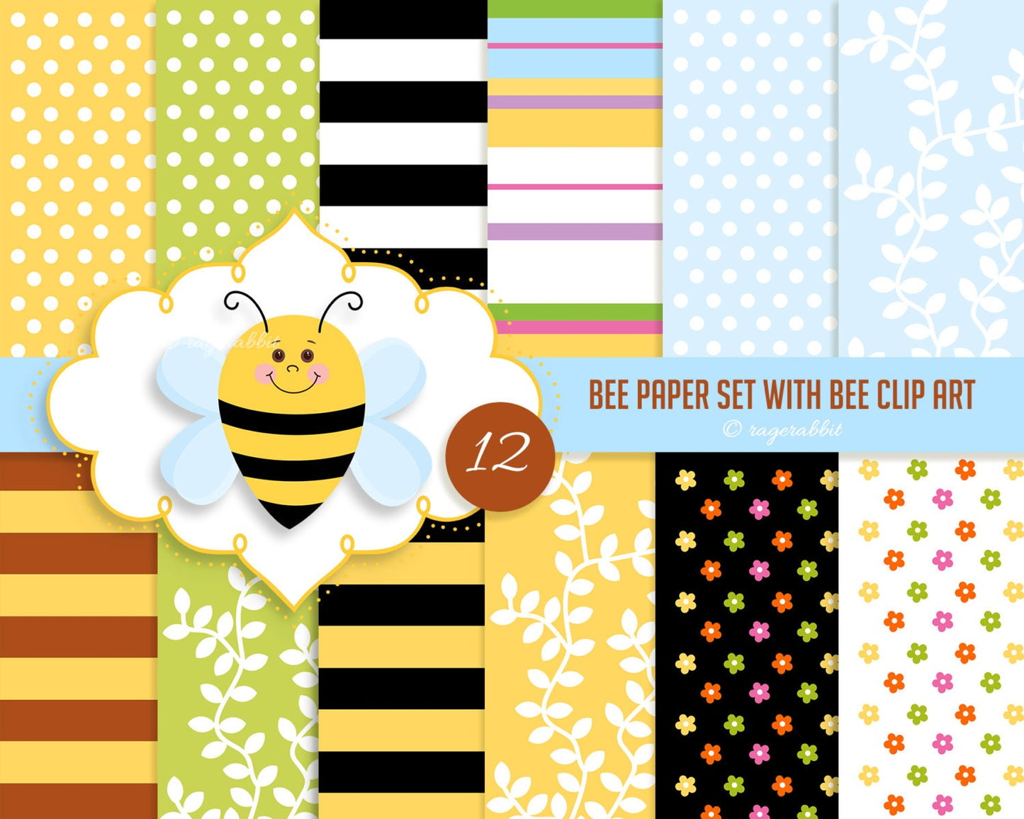BUY 10 GET 5 FREE, Coupon Code - 5FREE Bee Digital Paper with Bee Clip Art and Frame Clip Art, Commercial Use, Personal Use