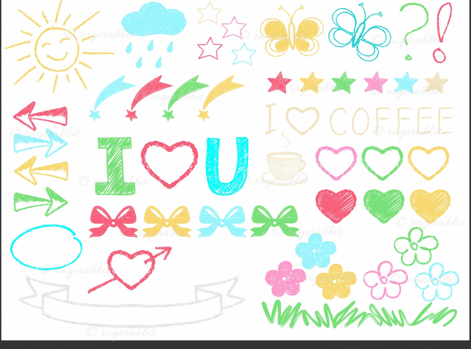 Chalkboard Elements, Vector, Illustrations, Set, Collection, Sun, Cloud, Ribbons, Hearts, Arrows, Coffee, Handdrawn, Commercial Use