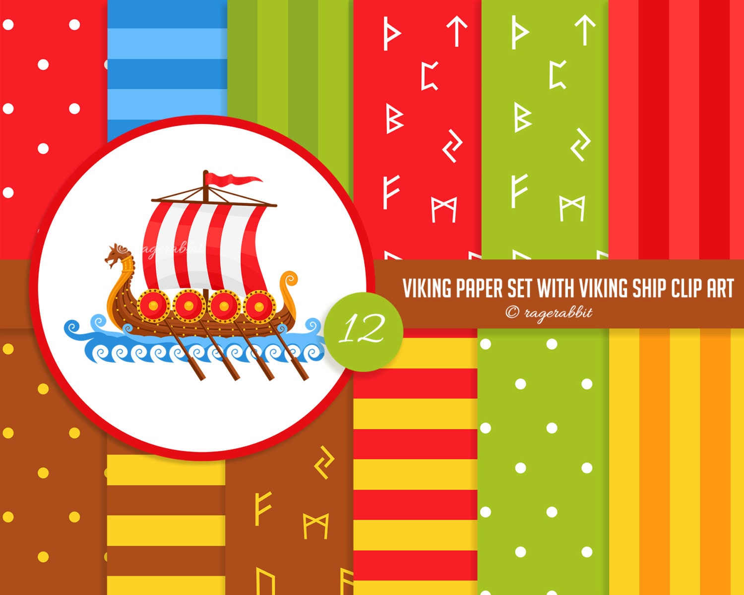 BUY 10 GET 5 FREE, Coupon Code - 5FREE Viking Digital Paper and Viking Ship Clip Art, Viking Runes, Polka Dots, Stripes, Set