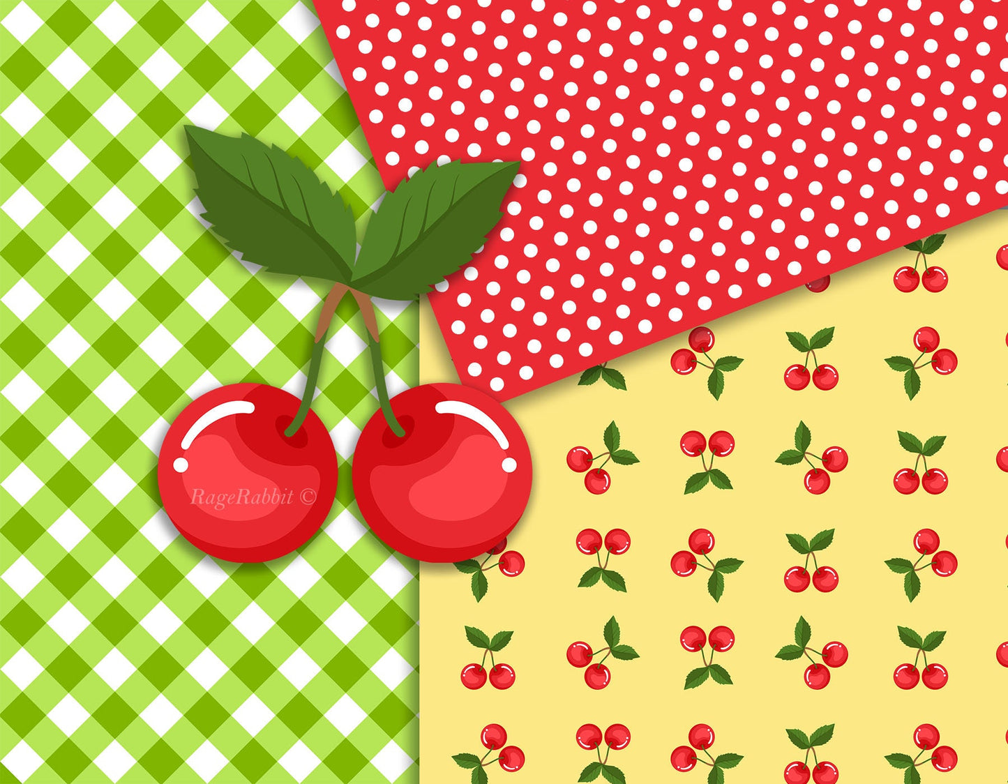 Cherry Gingham Digital Paper Set and Cherry Friut Clip Art Backgrounds Polka Dots Pattern Spring Commercial Use