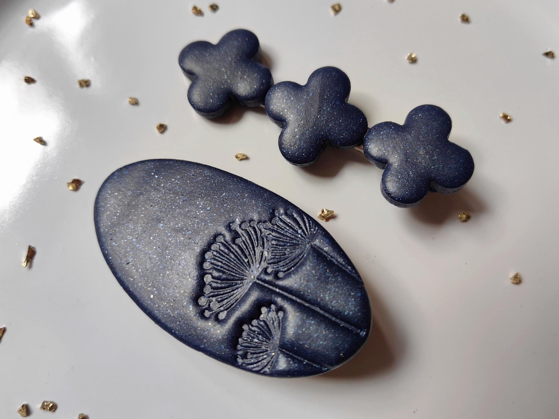 Dark Blue with Sparkle Polymer Clay Hair Clips Set Handmade