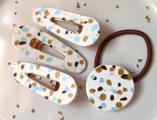 White Blue Gold 3 Hair Clips and Hair Elastic Set with Unique Pattern Handmade Hair Accessories Set