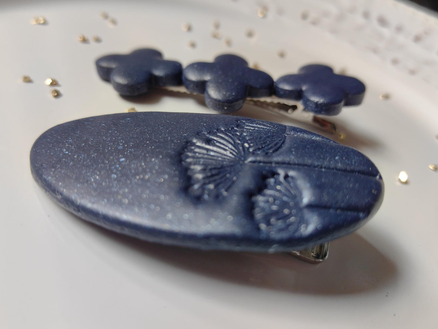 Dark blue with sparkle, handmade, polymer clay hair clips.