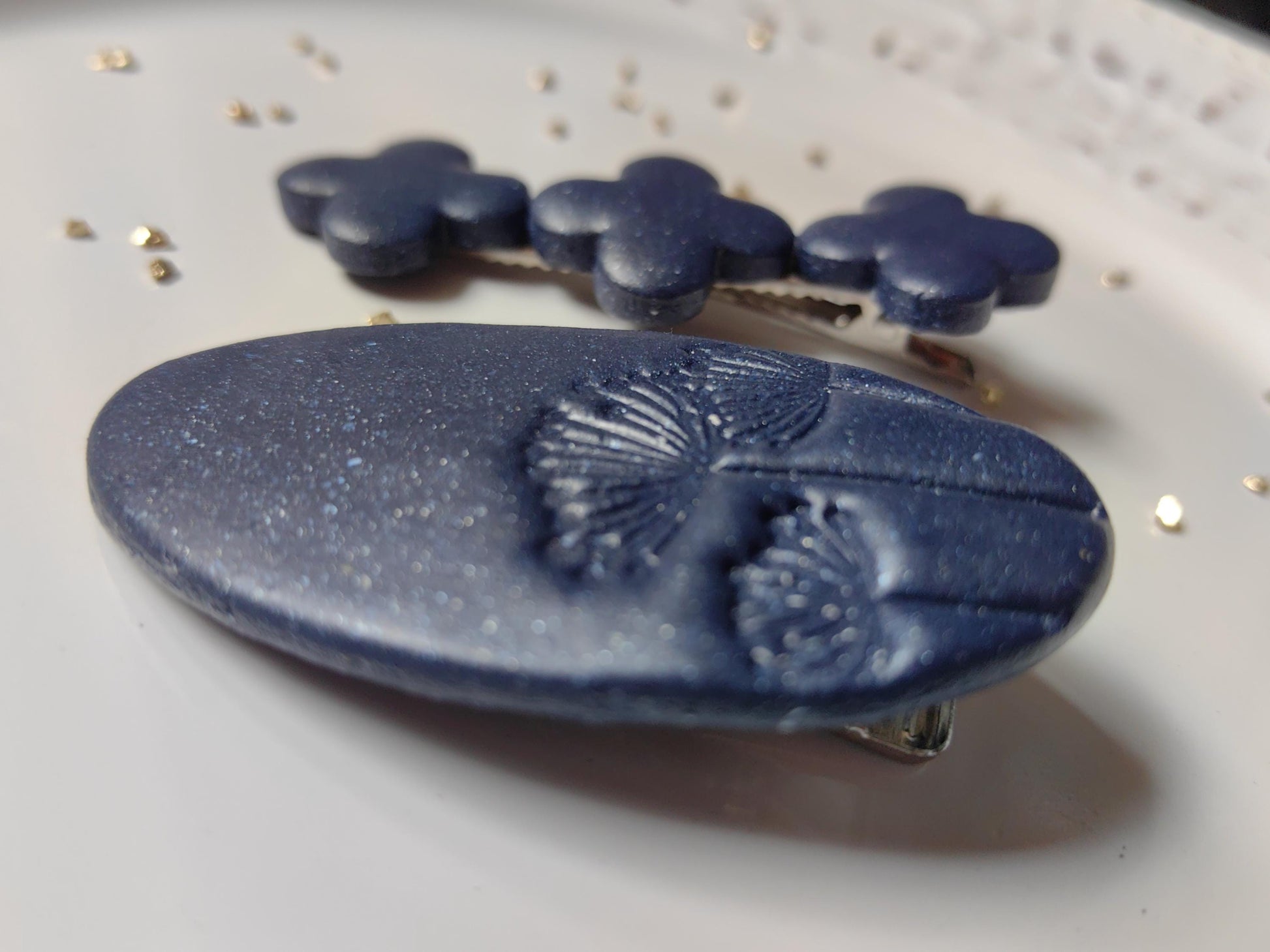 Dark blue with sparkle, handmade, polymer clay hair clips.