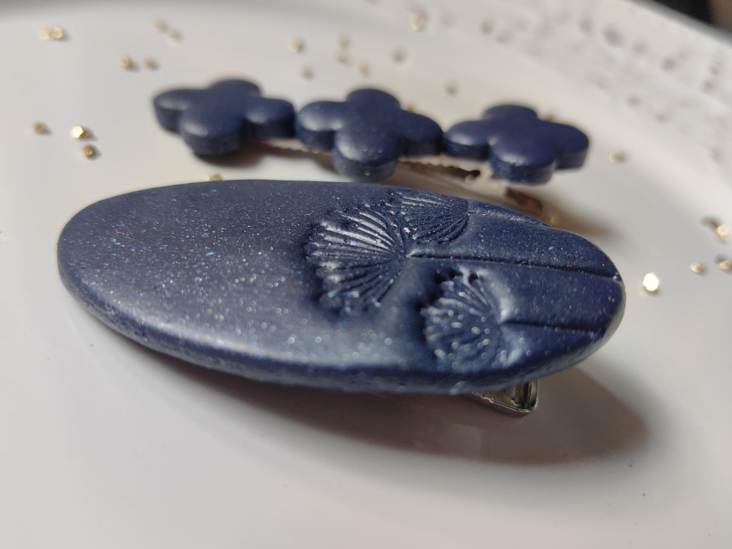 Dark Blue with Sparkle Polymer Clay Hair Clips Set Handmade