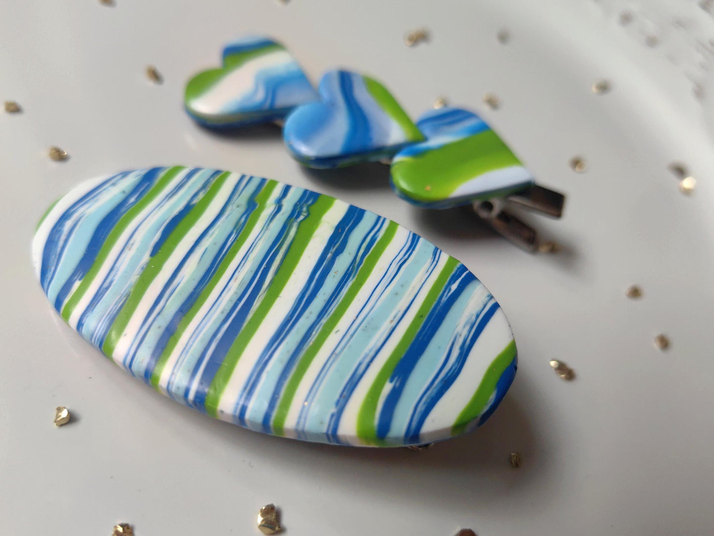 Blue, green, white wave pattern polymer clay, handmade, hair clips set.