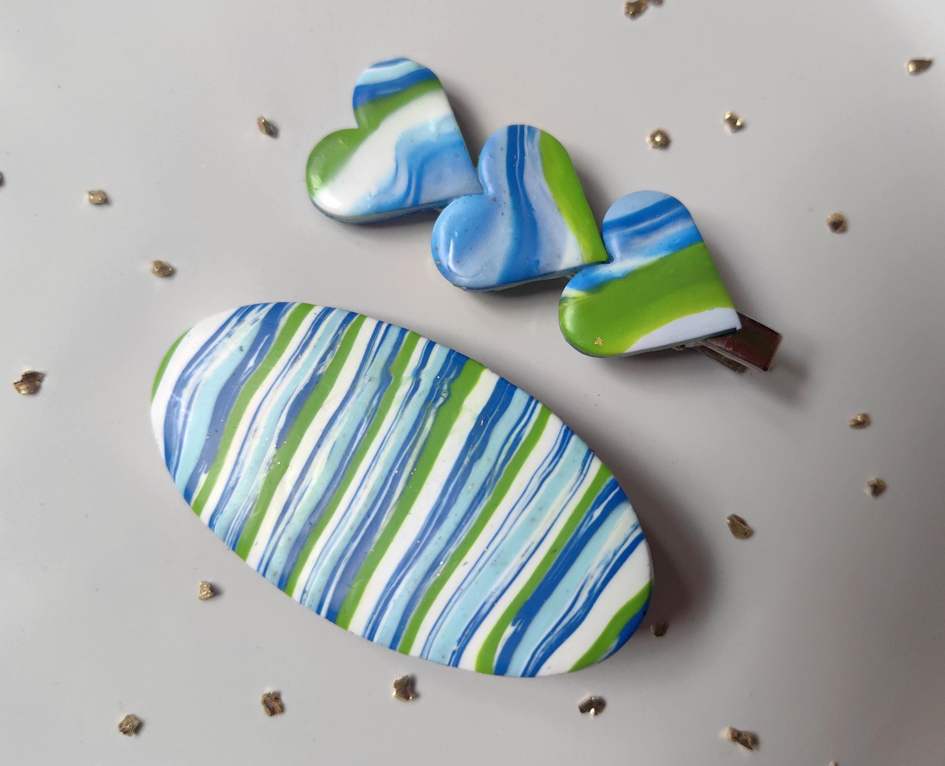 Blue, green, white wave pattern polymer clay, handmade, hair clips set.