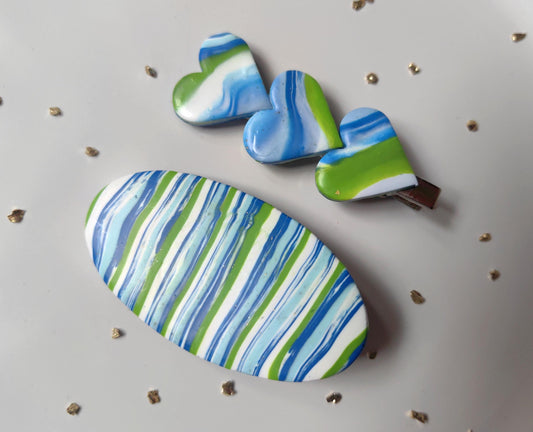 Blue, green, white wave pattern polymer clay, handmade, hair clips set.
