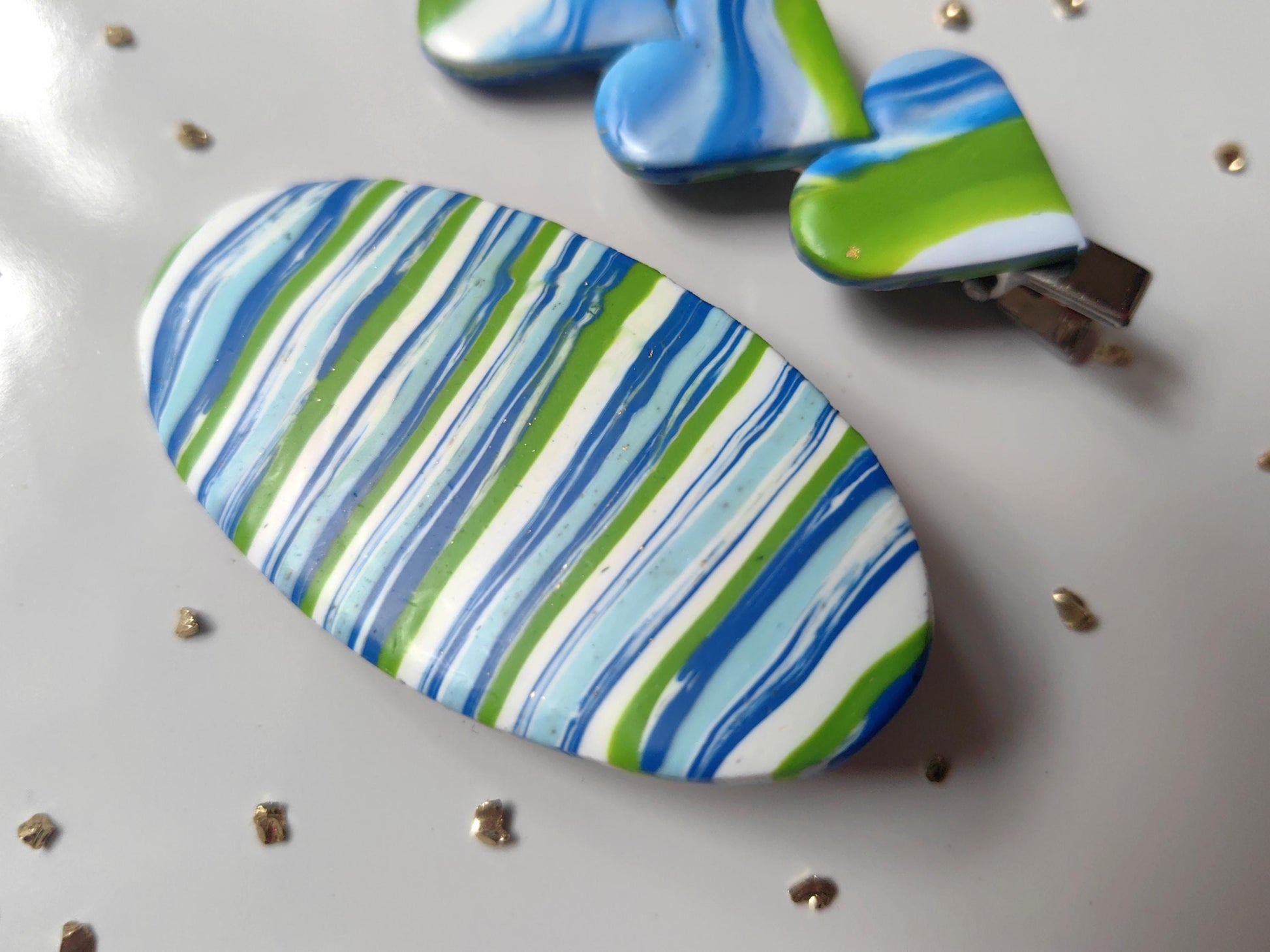 Blue, green, white wave pattern polymer clay, handmade, hair clips set.