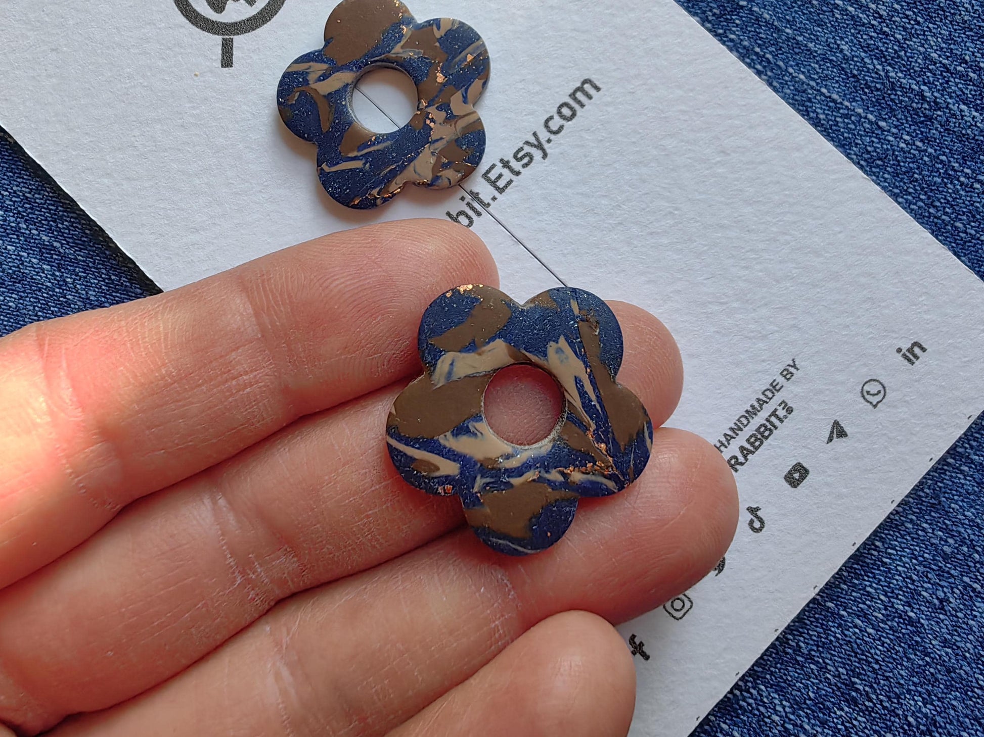 Denim Look Polymer Clay Flower Shape Earring Parts for Hoop Earrings