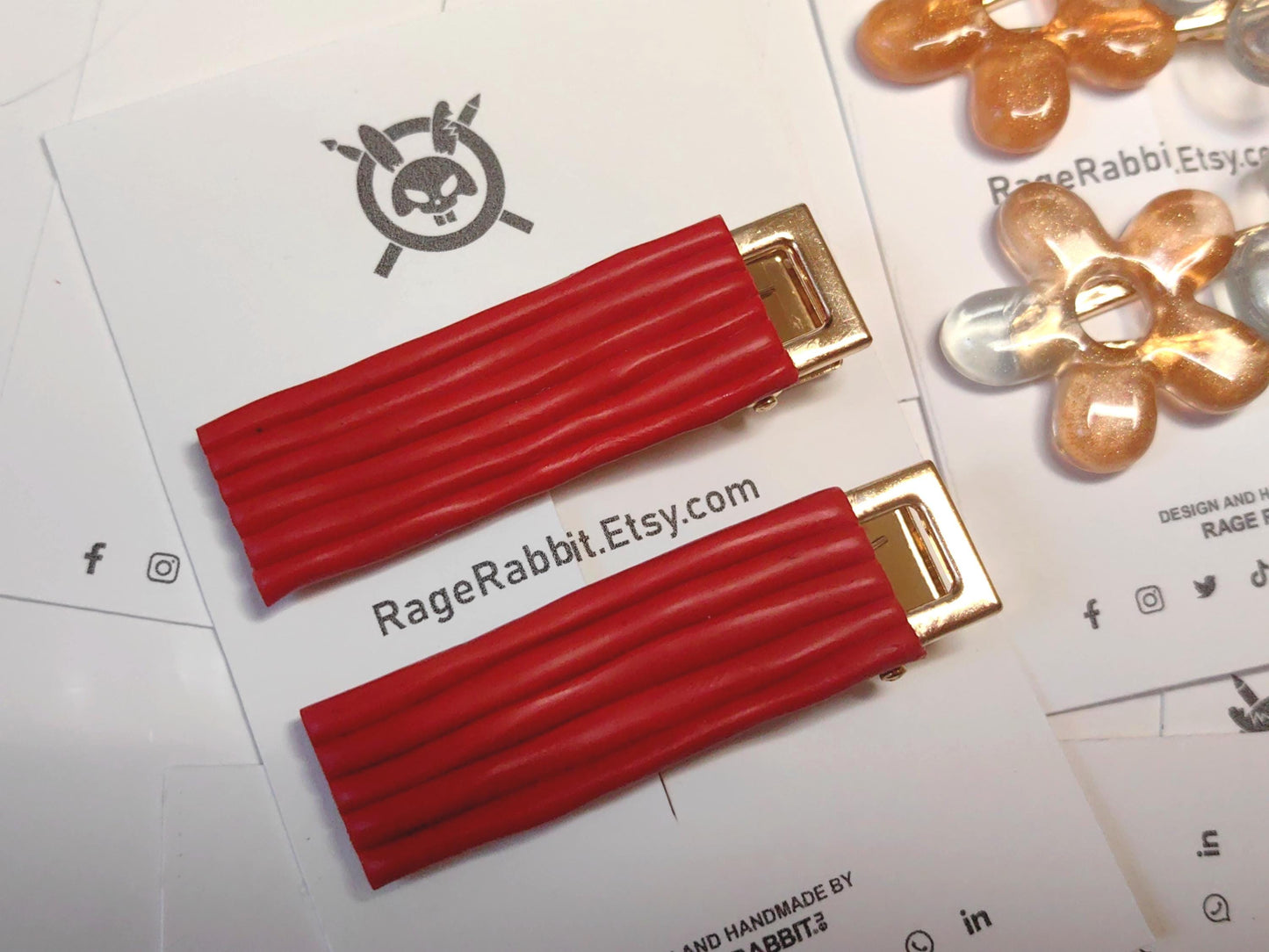 Red polymer clay handmade hair clips.