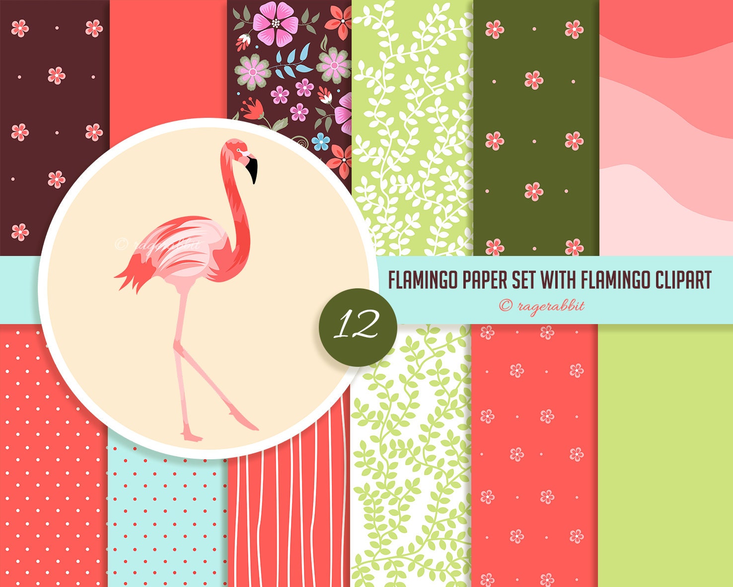 BUY 10 GET 5 FREE, Coupon Code - 5FREE Flamingo Digital Paper with Flamingo Clipart Illustration