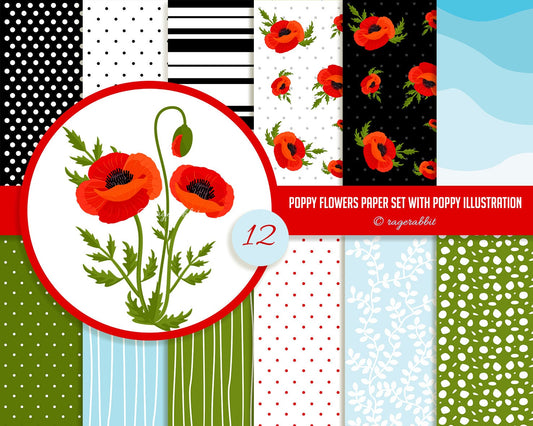 BUY 10 GET 5 FREE, Coupon Code - 5FREE Poppy Flowers Digital Paper, Poppy Flowers Clipart Illustration, Spring Backgrounds